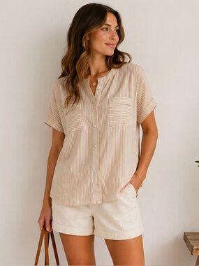 Jill Tan White Striped Button Front Blouse Short Sleeve Relaxed Fit